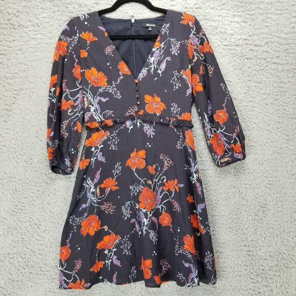 Madewell Dress Womens 0 Navy Blue Floral 100% Silk Ruffle Waist V Neck - Picture 1 of 15